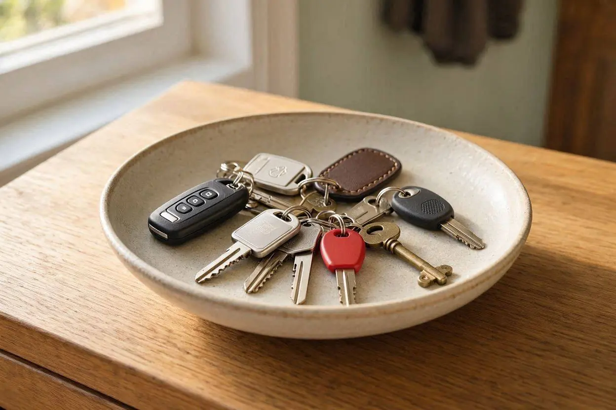 Illustrative stock image of car keys in a bowl on a side table