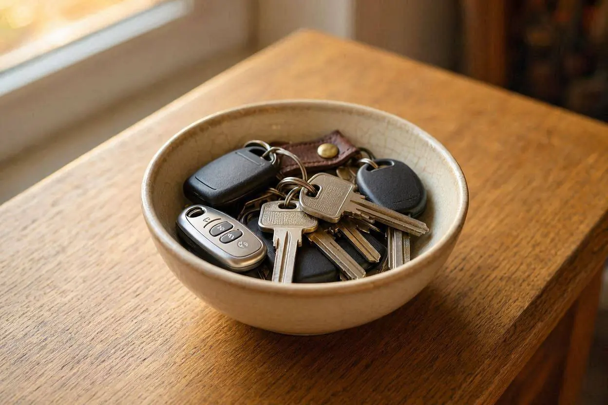 Illustrative stock image of a bowl of car keys on a wooden table